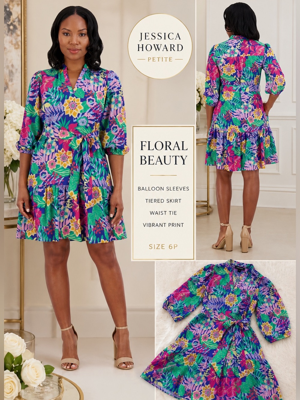 Jessica Howard Petite Floral Print Balloon Sleeve Tiered Dress Cobalt Size 6P